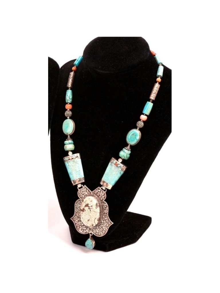 Handmade Artisan Studio Turquoise Sterling Silver Necklace 925 Tibet Southwest